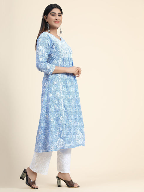 Hand embroidery Chikankari V neck Anarkali Dress | Long Kurti in Cotton For Women 2